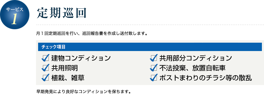 サービス1／定期巡回 月１回定期巡回を行い、巡回報告書を作成し送付致します。